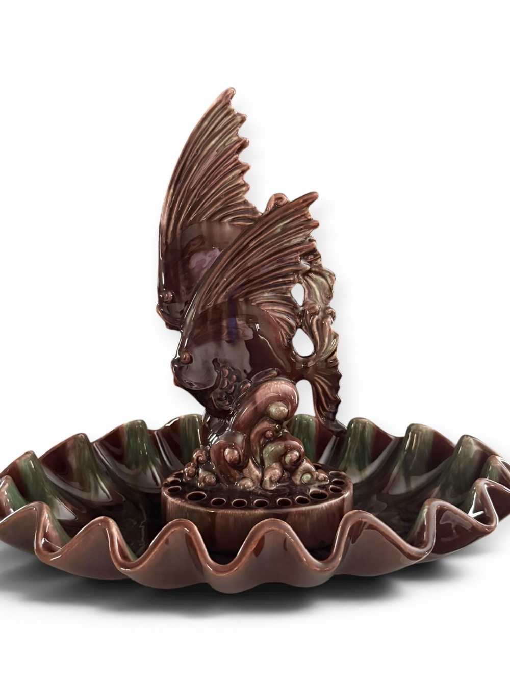 Vintage Royal Haeger Fish Flower Frog Console Bowl Mid-Century Modern Drip Glaze